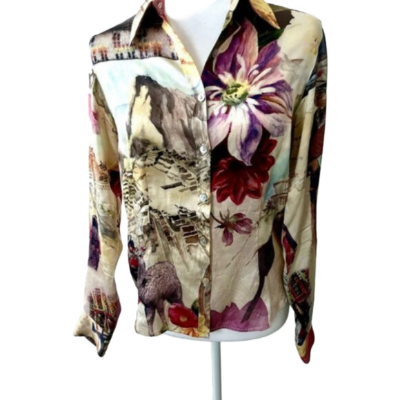 Gerard Darel 100% Silk Blouse Top w/ Long Sleeve and Colorful Design, Size 38 - Picture 1 of 7